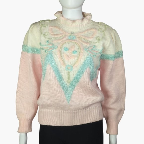 Jaclyn Smith Sweaters - Vintage Jaclyn Smith 80s Sweater Pastel Pink Green Ruffle Collar Pearls Small